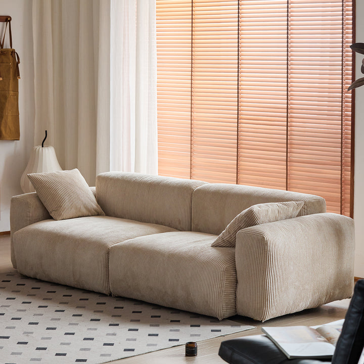 Cream corduroy velvet fabric 3 seater sofa square primary product view.