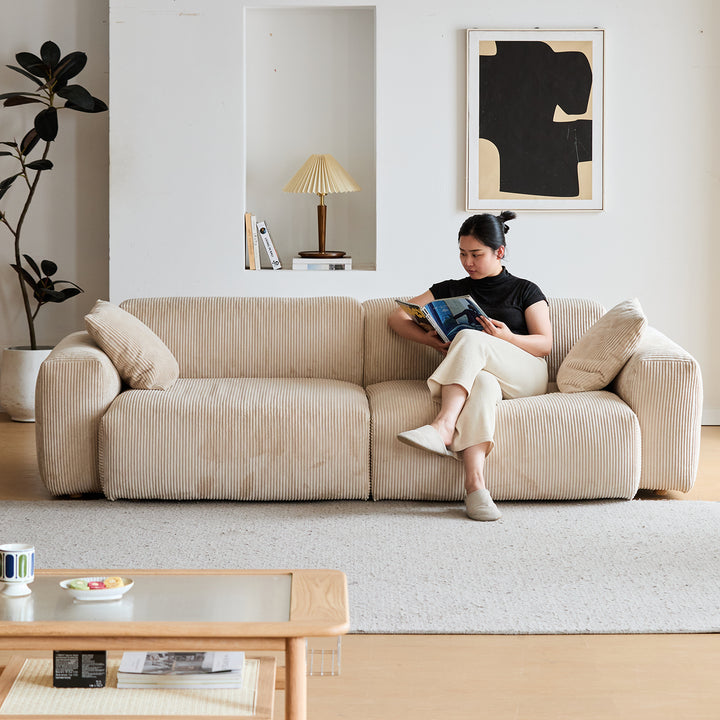 Cream corduroy velvet fabric 3 seater sofa square material variants.