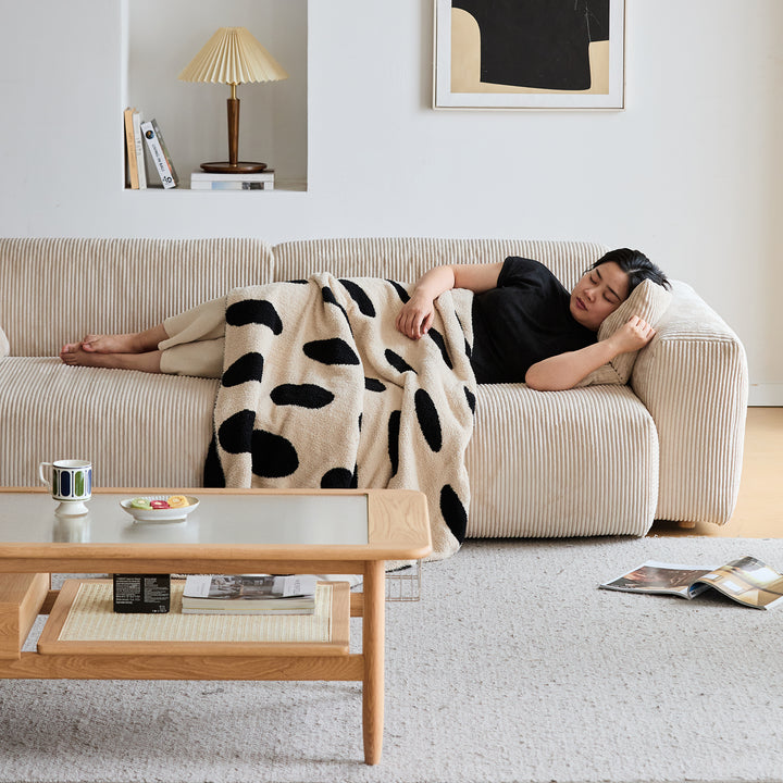 Cream corduroy velvet fabric 3 seater sofa square in real life style.