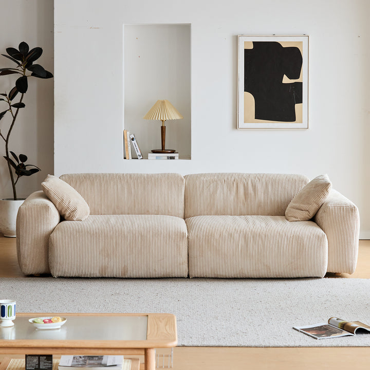 Cream corduroy velvet fabric 4 seater sofa square primary product view.