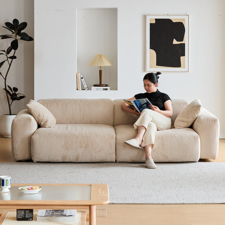 Cream corduroy velvet fabric 4 seater sofa square material variants.