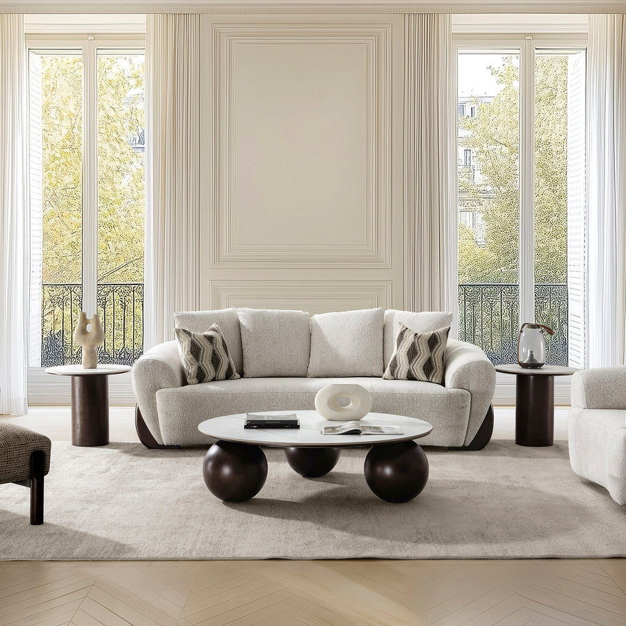 Cream mixed weave fabric 3 seater sofa swoop primary product view.