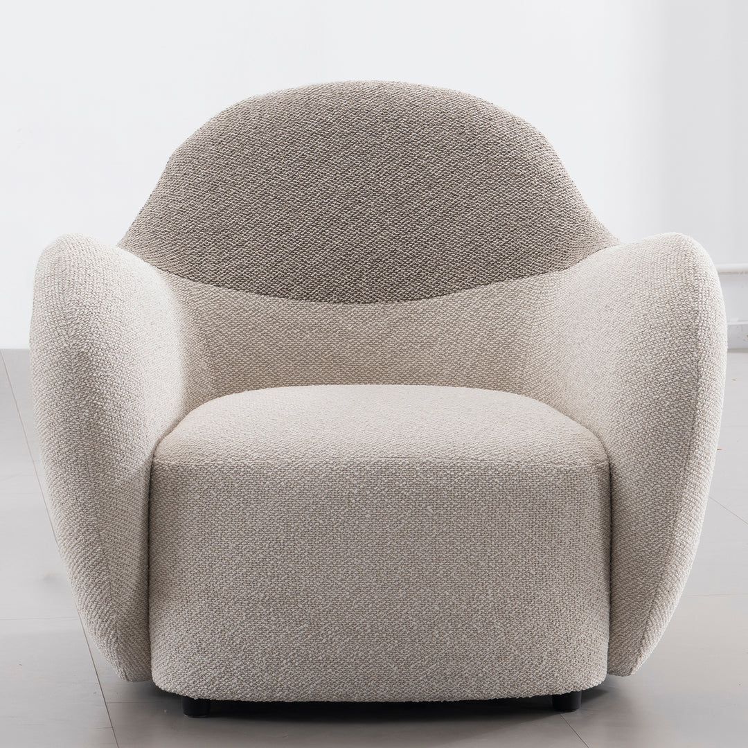 Cream sherpa fabric pu leather 1 seater sofa cocoa in panoramic view.