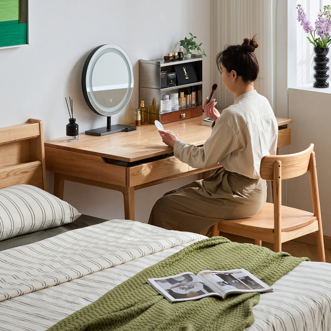 Scandinavian oak wood dressing table floating in details.