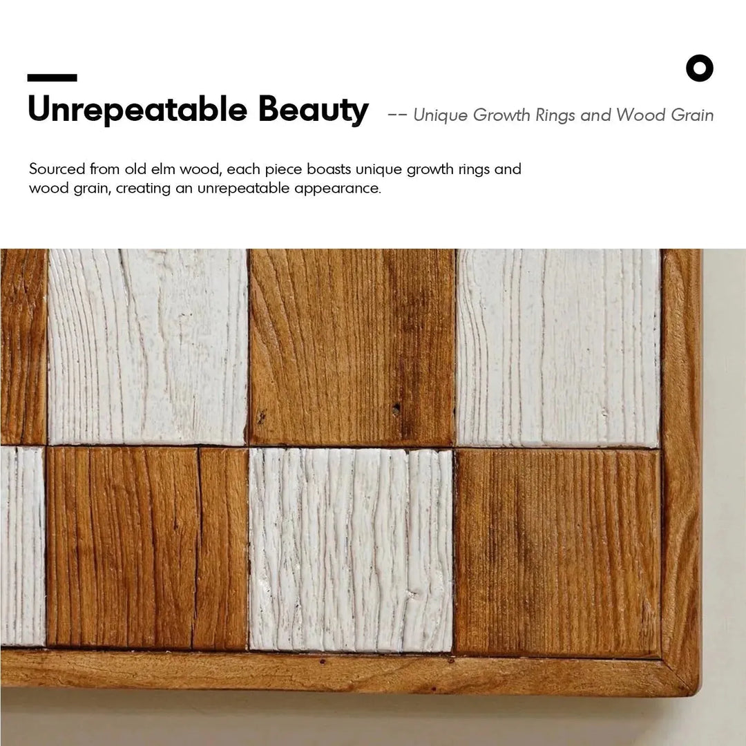 Rustic elm wood foldable square coffee table zenith elm in close up details.