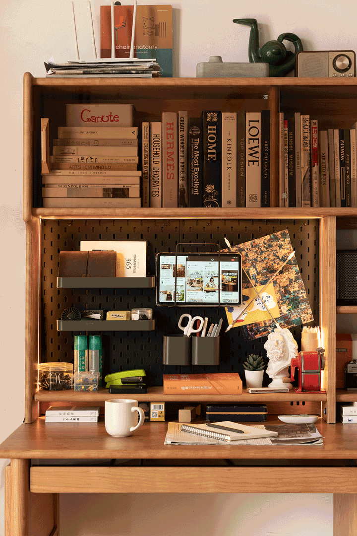 Scandinavian cherry wood study table with shelf cape layered structure.