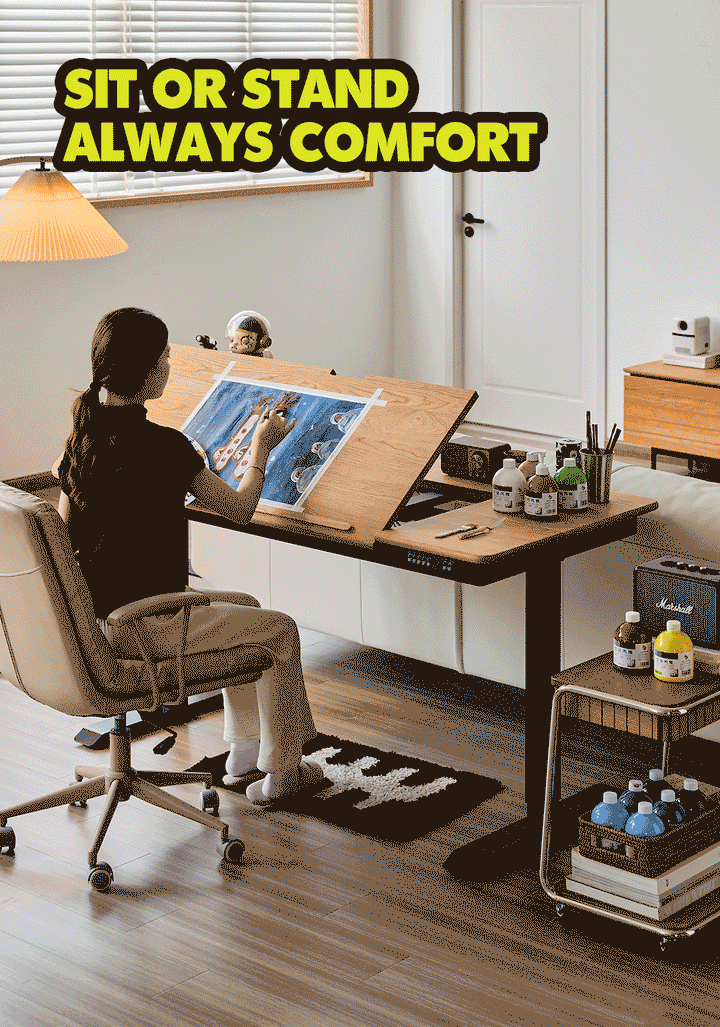 Scandinavian Cherry Wood Electric Height Adjustable Study Table KAZAMA