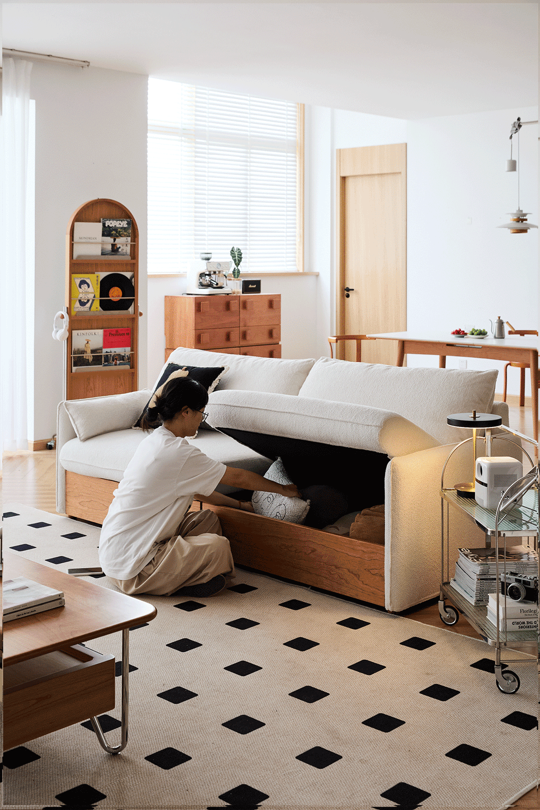 Japandi Boucle Fabric Pine Wood Storage 2 Seater Sofa KANGAROO