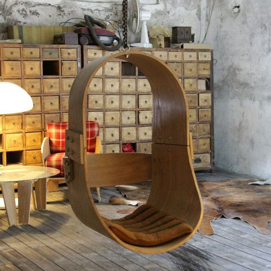 Scandinavian wood hanging chair 1 seater sofa plywood primary product view.
