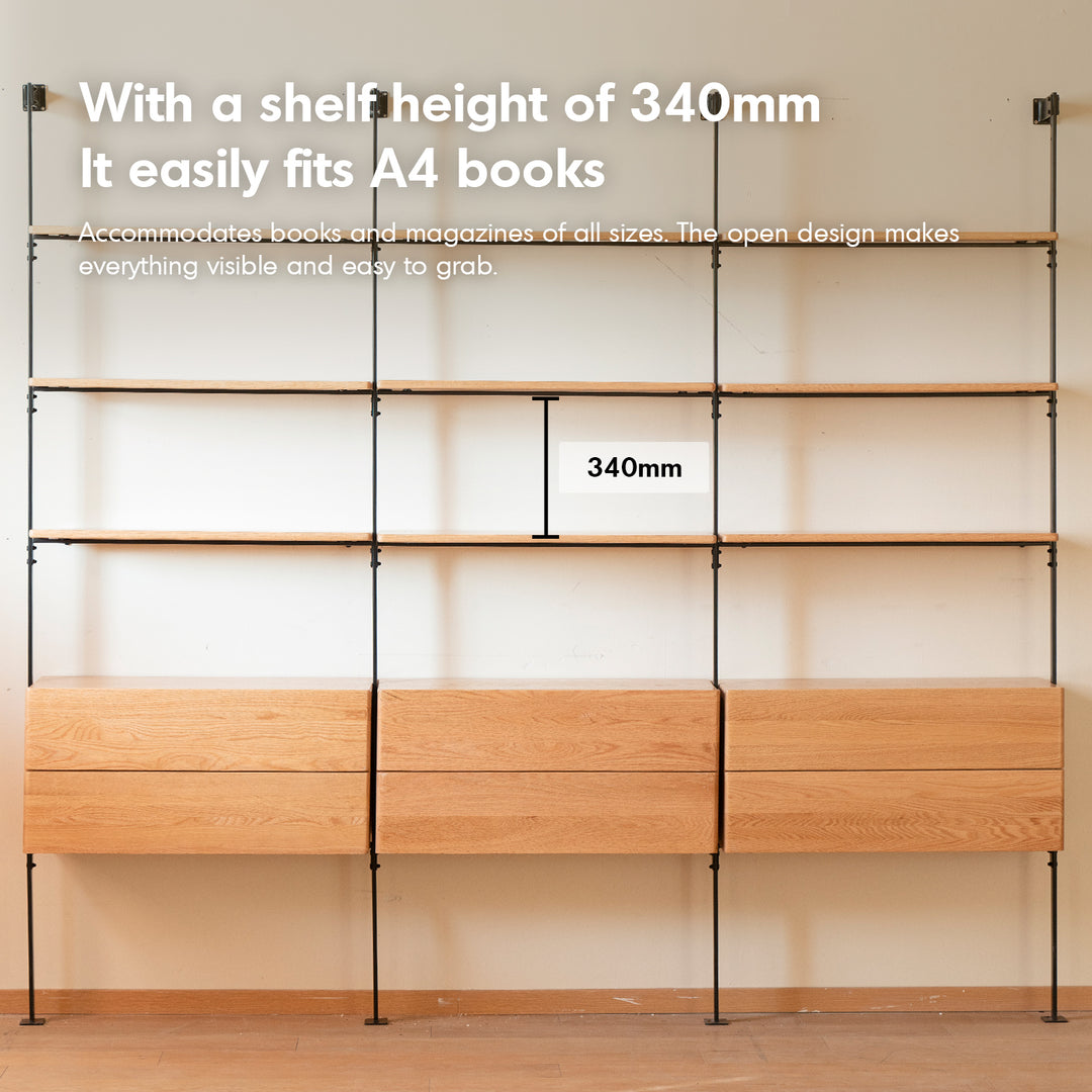 Industrial oak wood wall mounted display shelf shelfix in panoramic view.
