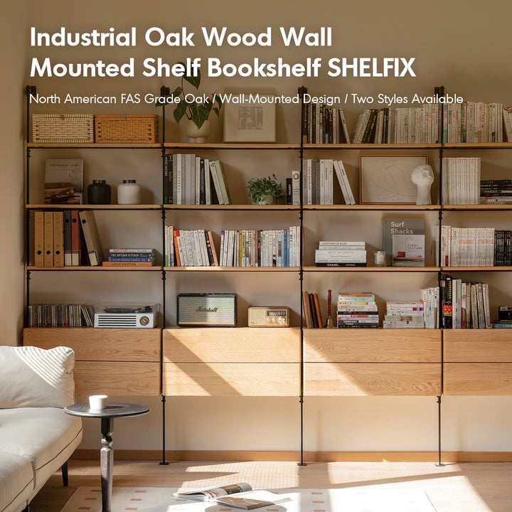Industrial oak wood wall mounted display shelf shelfix material variants.