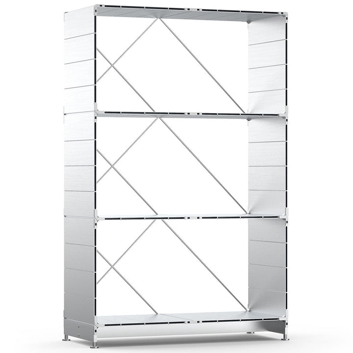 Industrial aluminium bookshelf cube in white background.
