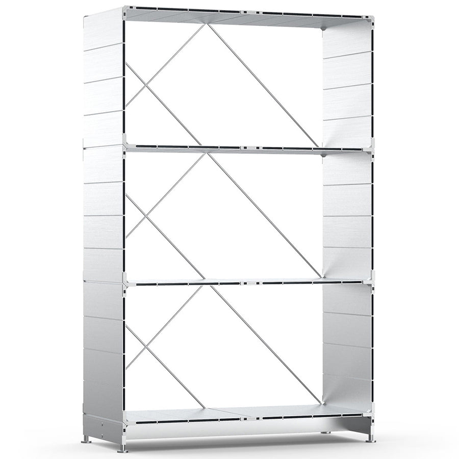 Industrial aluminium bookshelf cube in white background.