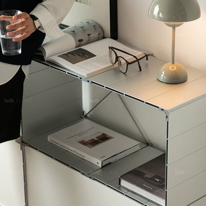 Industrial aluminium side cabinet cube in close up details.