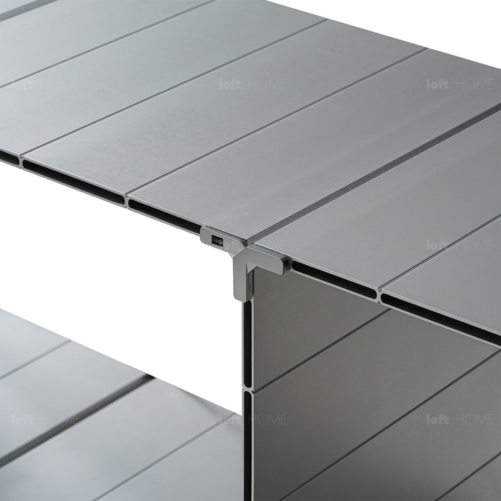 Industrial aluminium side table cube material variants.