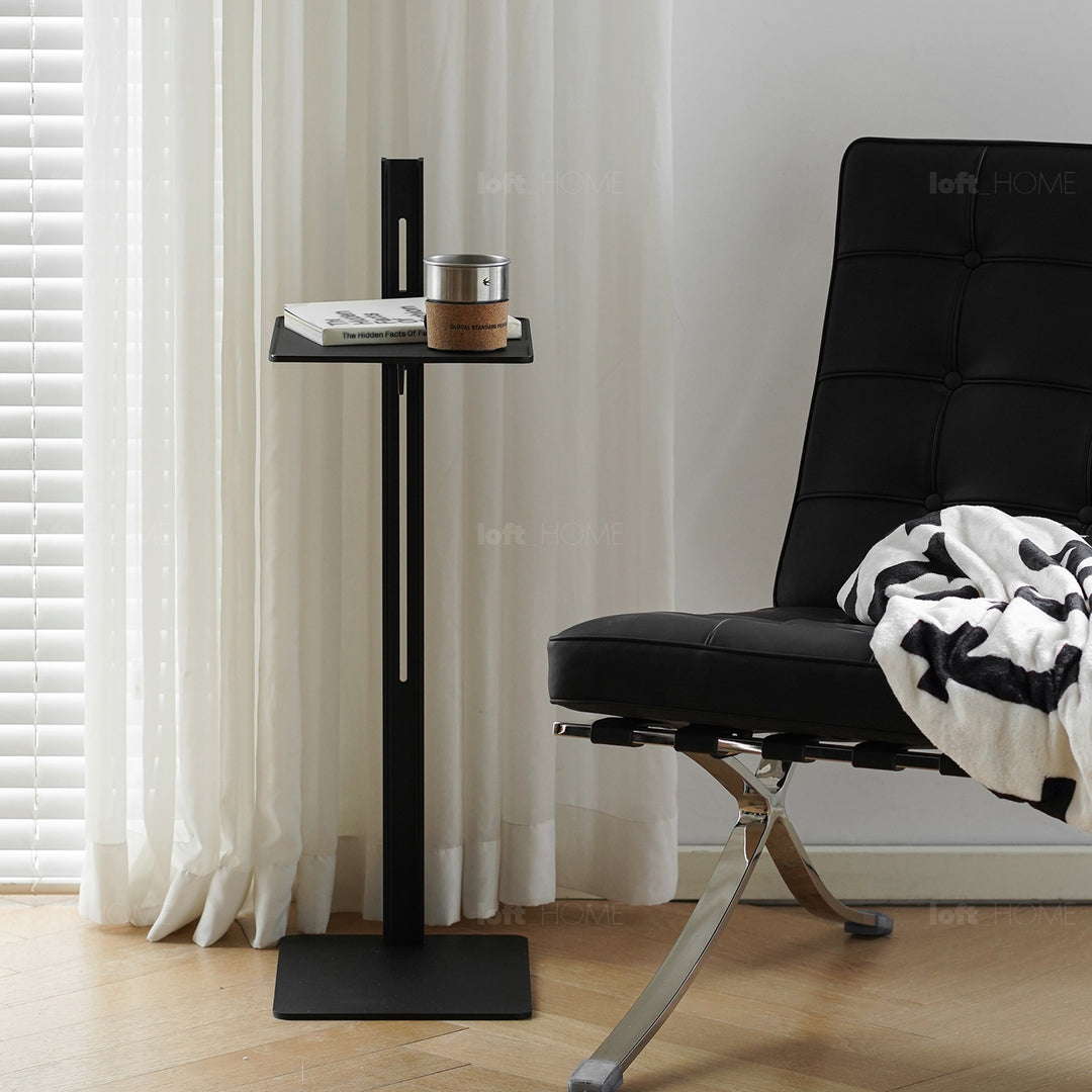 Industrial steel side table string in details.