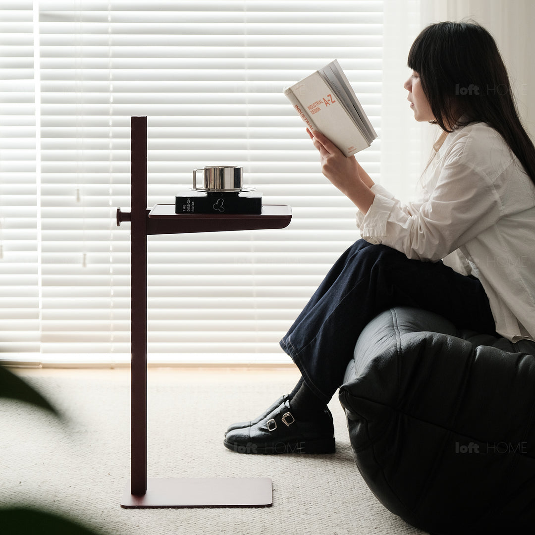 Industrial steel side table string in close up details.