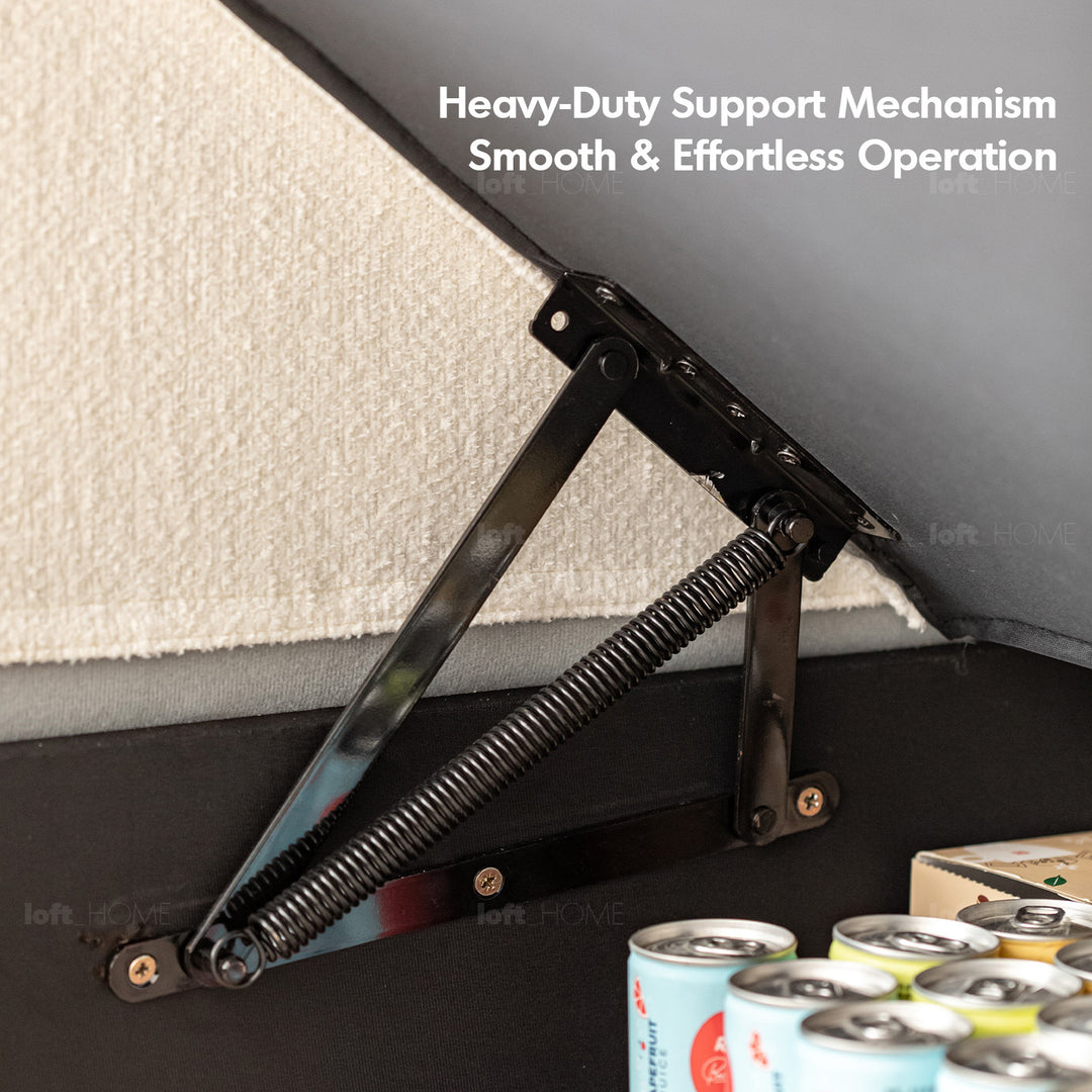 Japandi boucle fabric pine wood storage 4 seater sofa kangaroo in still life.