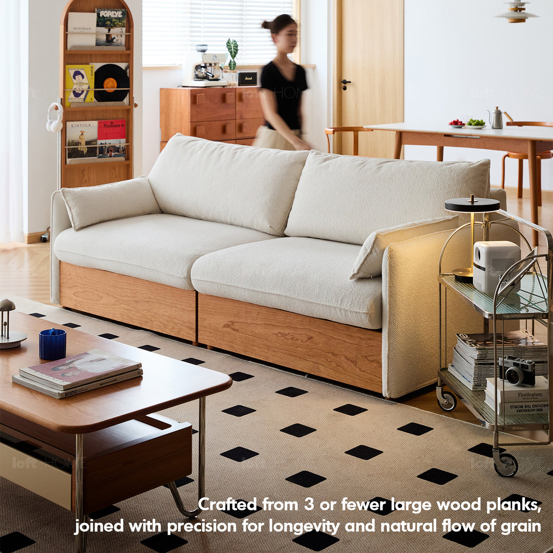 Japandi boucle fabric pine wood storage 4 seater sofa kangaroo situational feels.