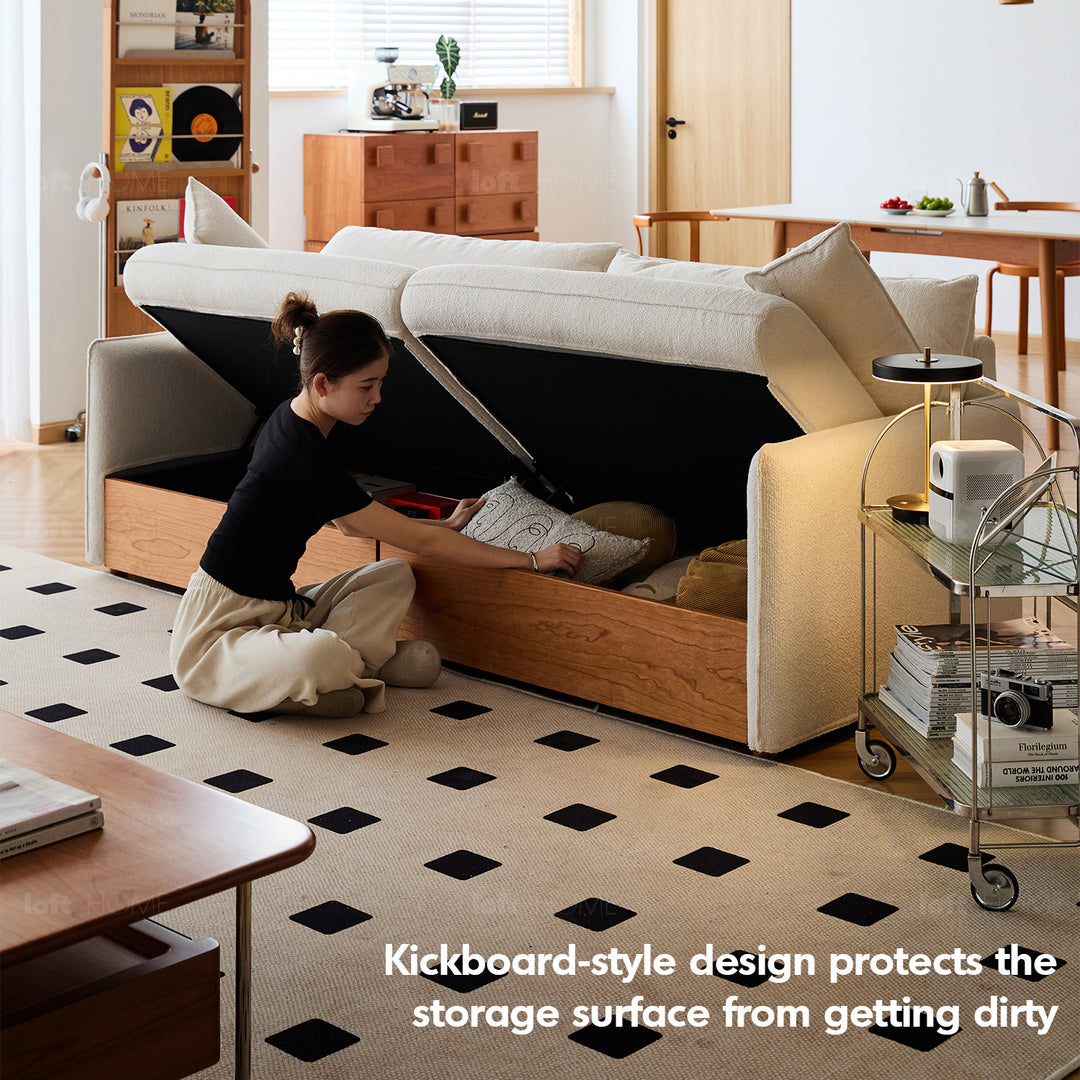 Japandi boucle fabric pine wood storage 4 seater sofa kangaroo layered structure.