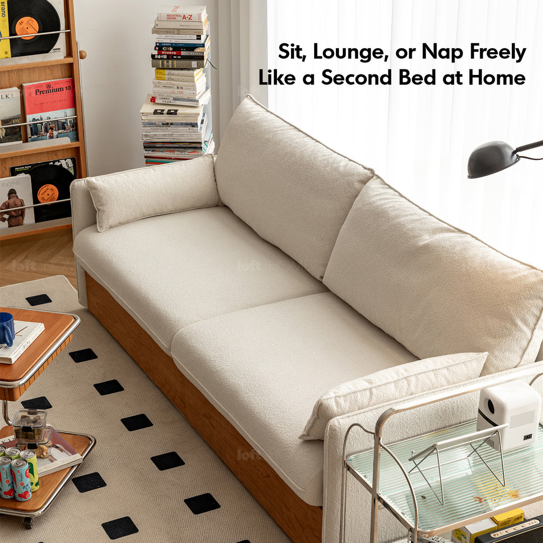 Japandi boucle fabric pine wood storage 4 seater sofa kangaroo detail 1.