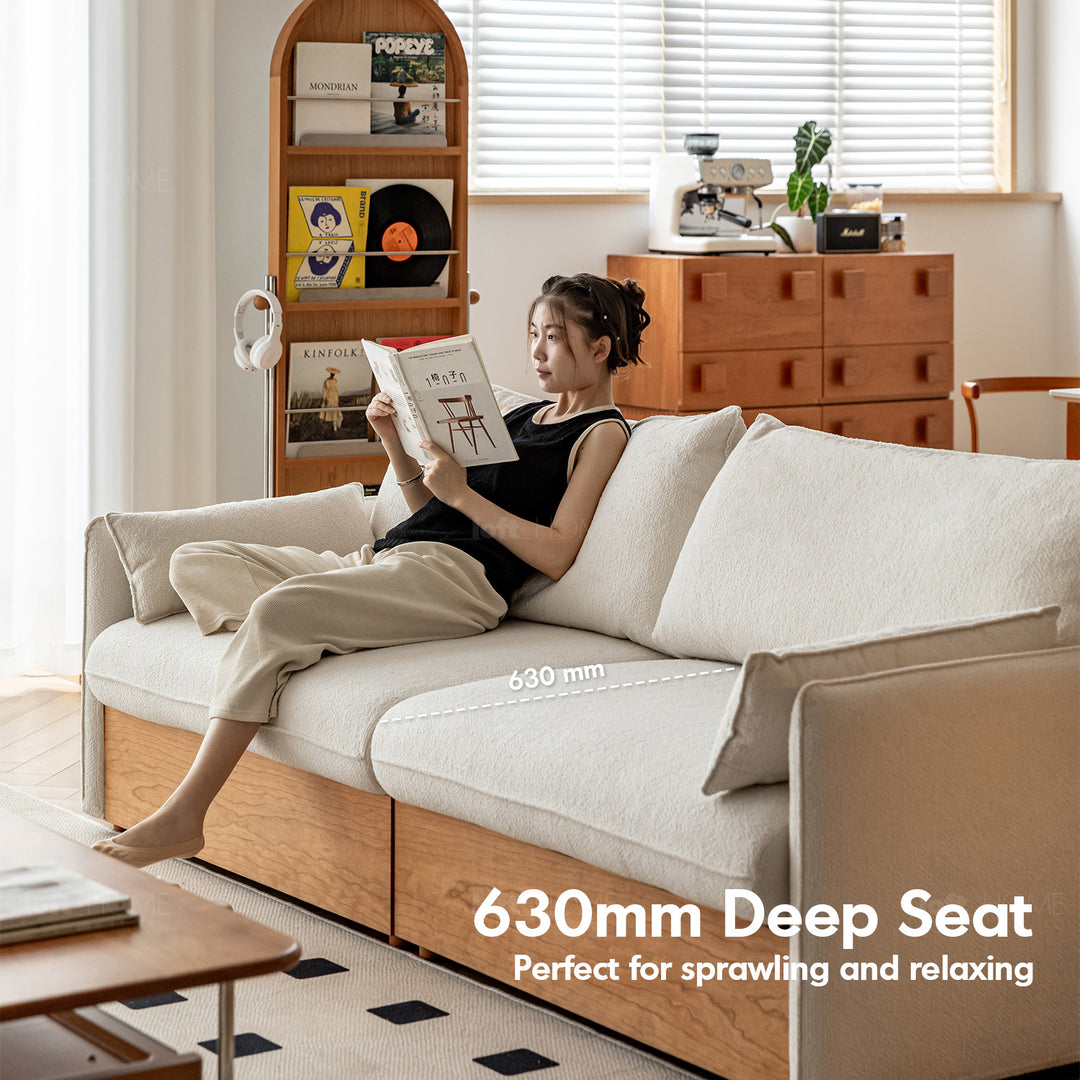 Japandi boucle fabric pine wood storage 4 seater sofa kangaroo detail 2.