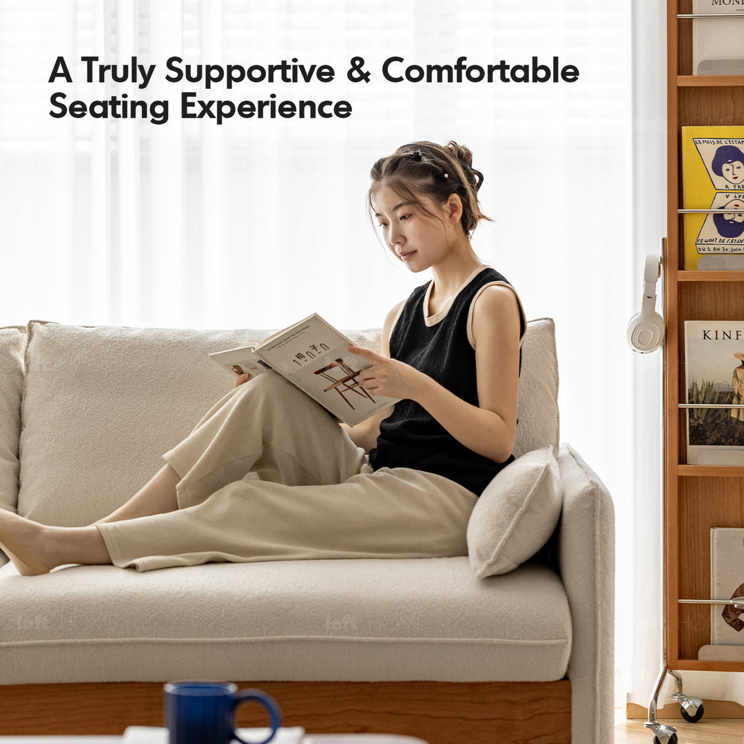 Japandi boucle fabric pine wood storage 4 seater sofa kangaroo detail 4.