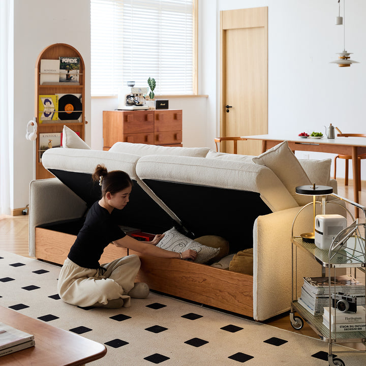 Japandi boucle fabric pine wood storage 4 seater sofa kangaroo primary product view.