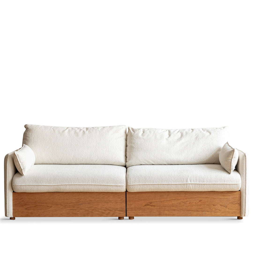 Japandi boucle fabric pine wood storage 3 seater sofa kangaroo in white background.