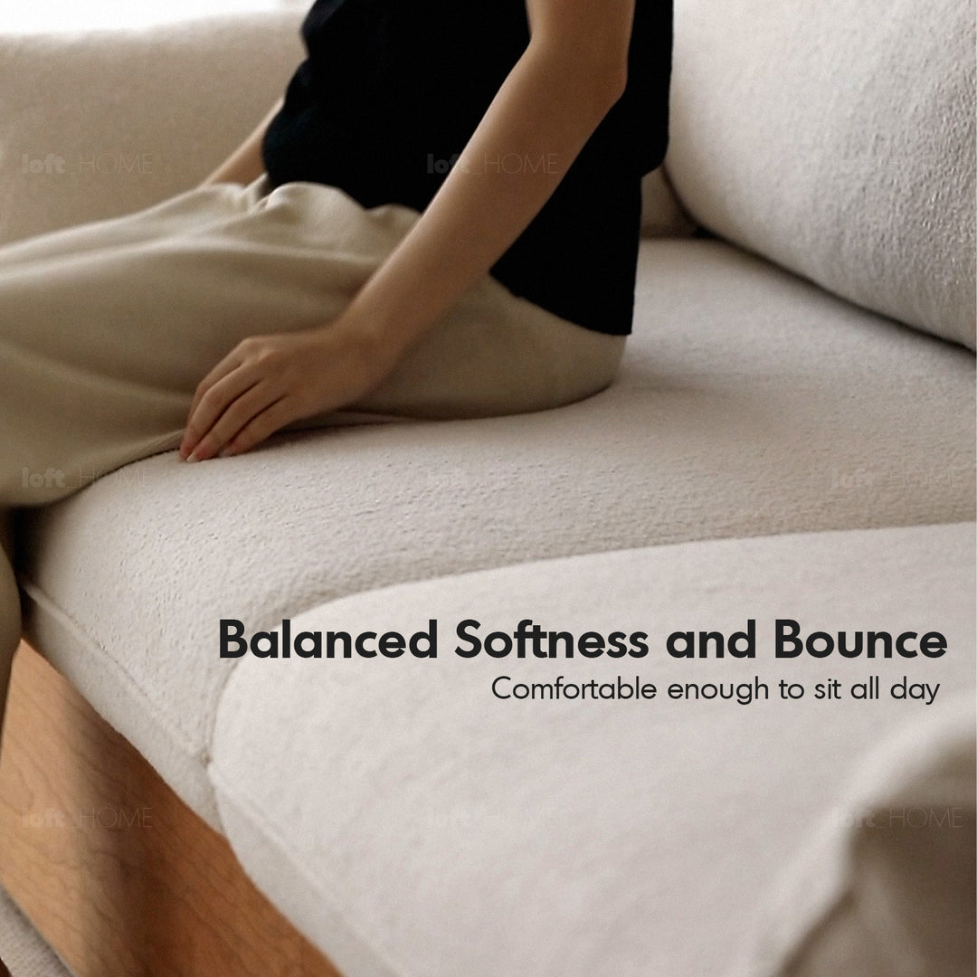 Japandi boucle fabric pine wood storage 4 seater sofa kangaroo detail 7.