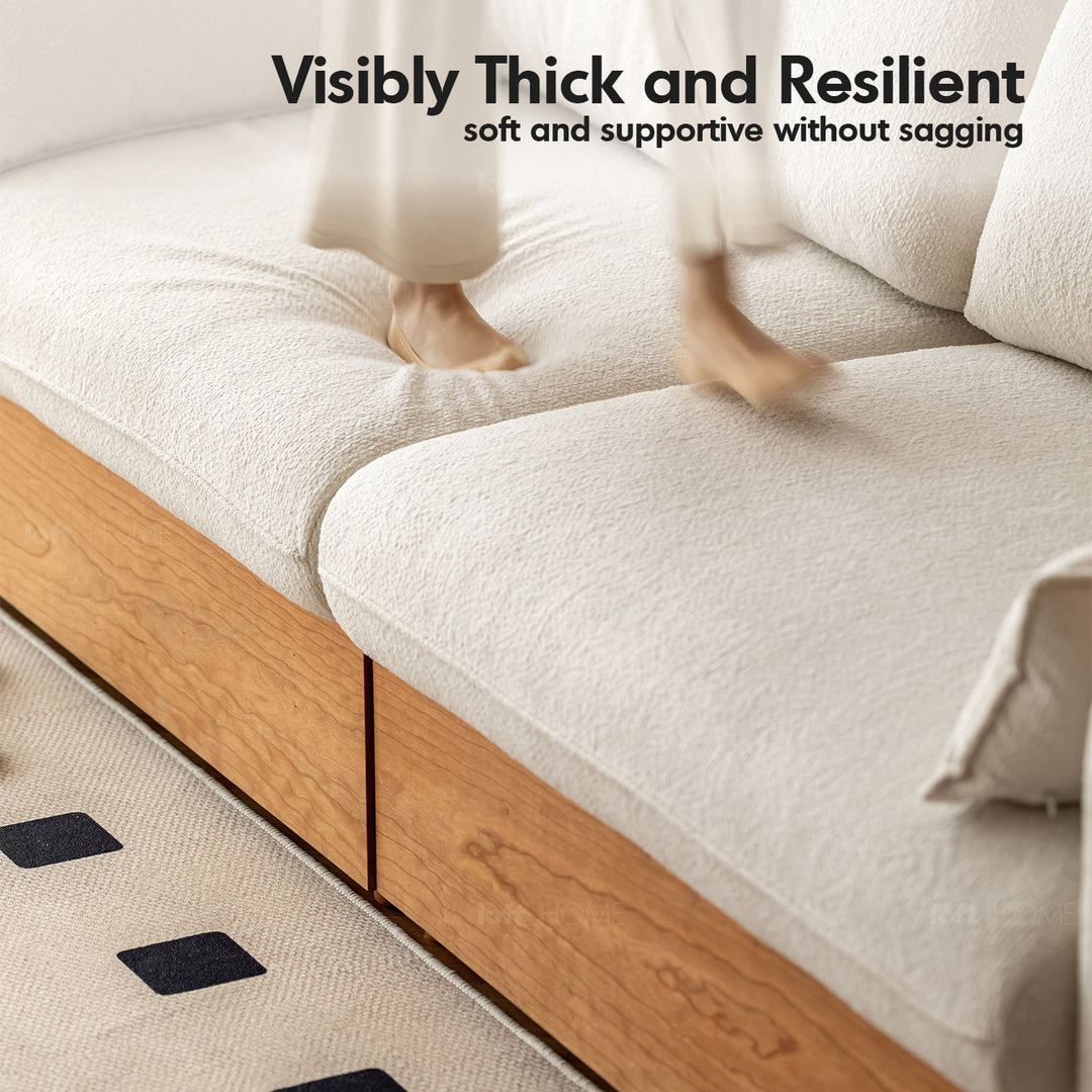 Japandi boucle fabric pine wood storage 4 seater sofa kangaroo detail 8.