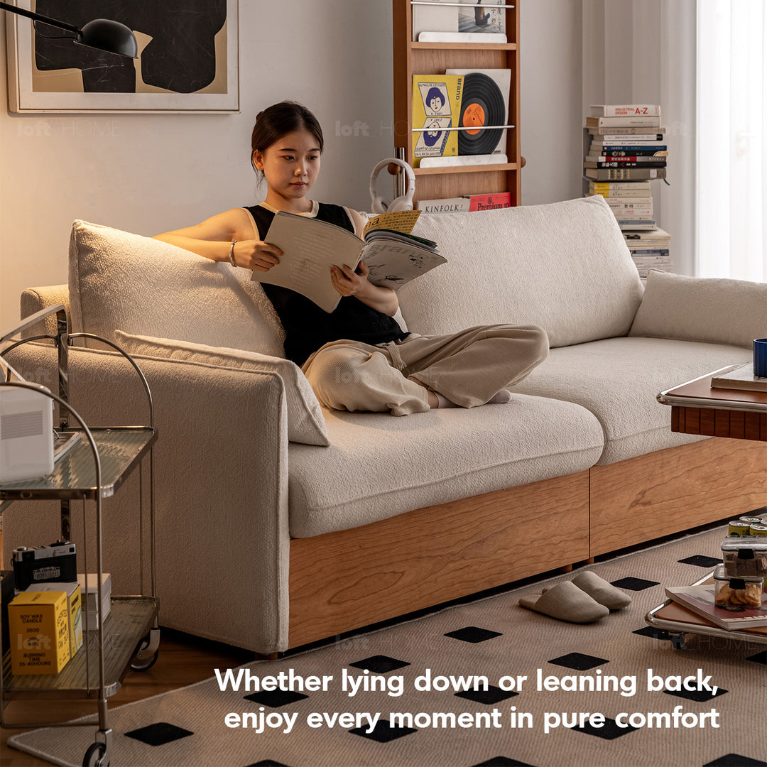 Japandi boucle fabric pine wood storage 4 seater sofa kangaroo detail 9.