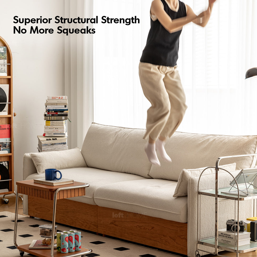 Japandi boucle fabric pine wood storage 4 seater sofa kangaroo detail 16.