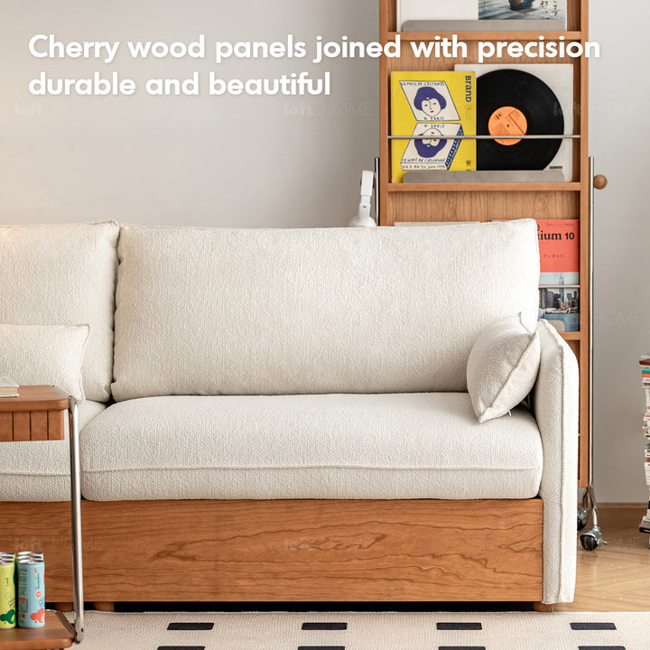 Japandi boucle fabric pine wood storage 4 seater sofa kangaroo detail 19.