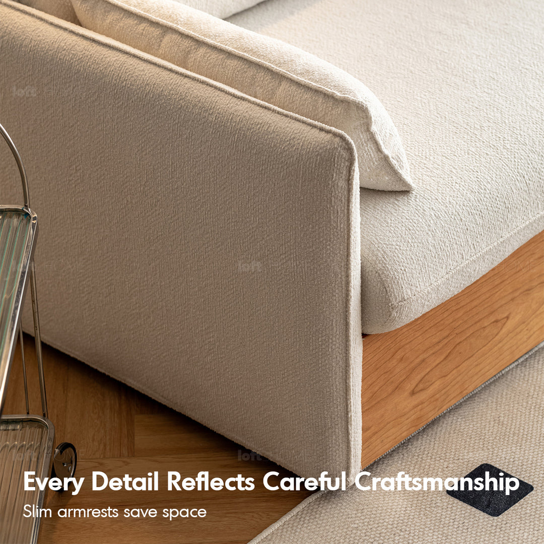 Japandi boucle fabric pine wood storage 4 seater sofa kangaroo detail 20.