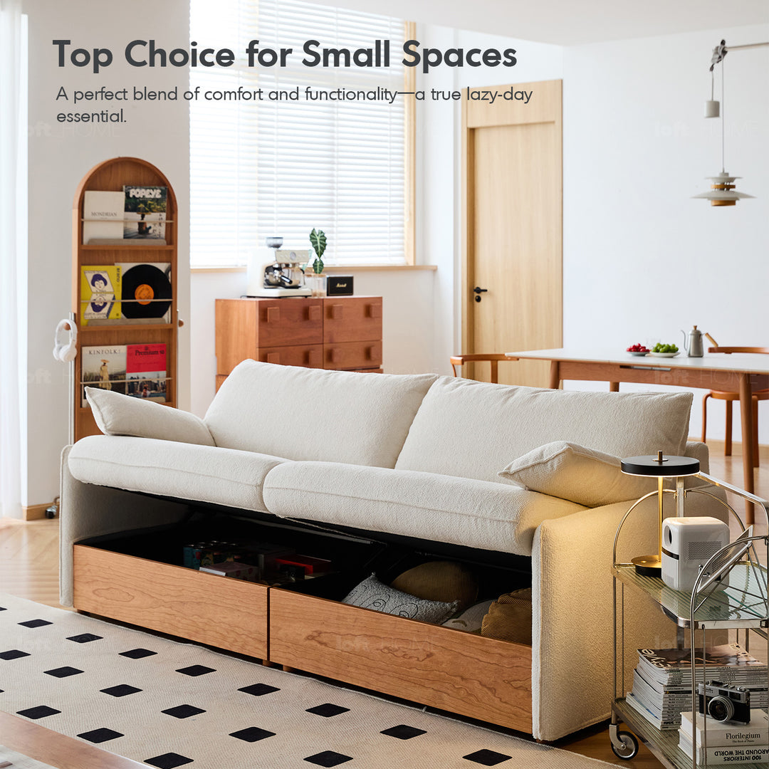 Japandi boucle fabric pine wood storage 4 seater sofa kangaroo in real life style.