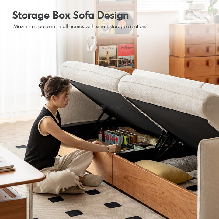 Japandi boucle fabric pine wood storage 4 seater sofa kangaroo with context.