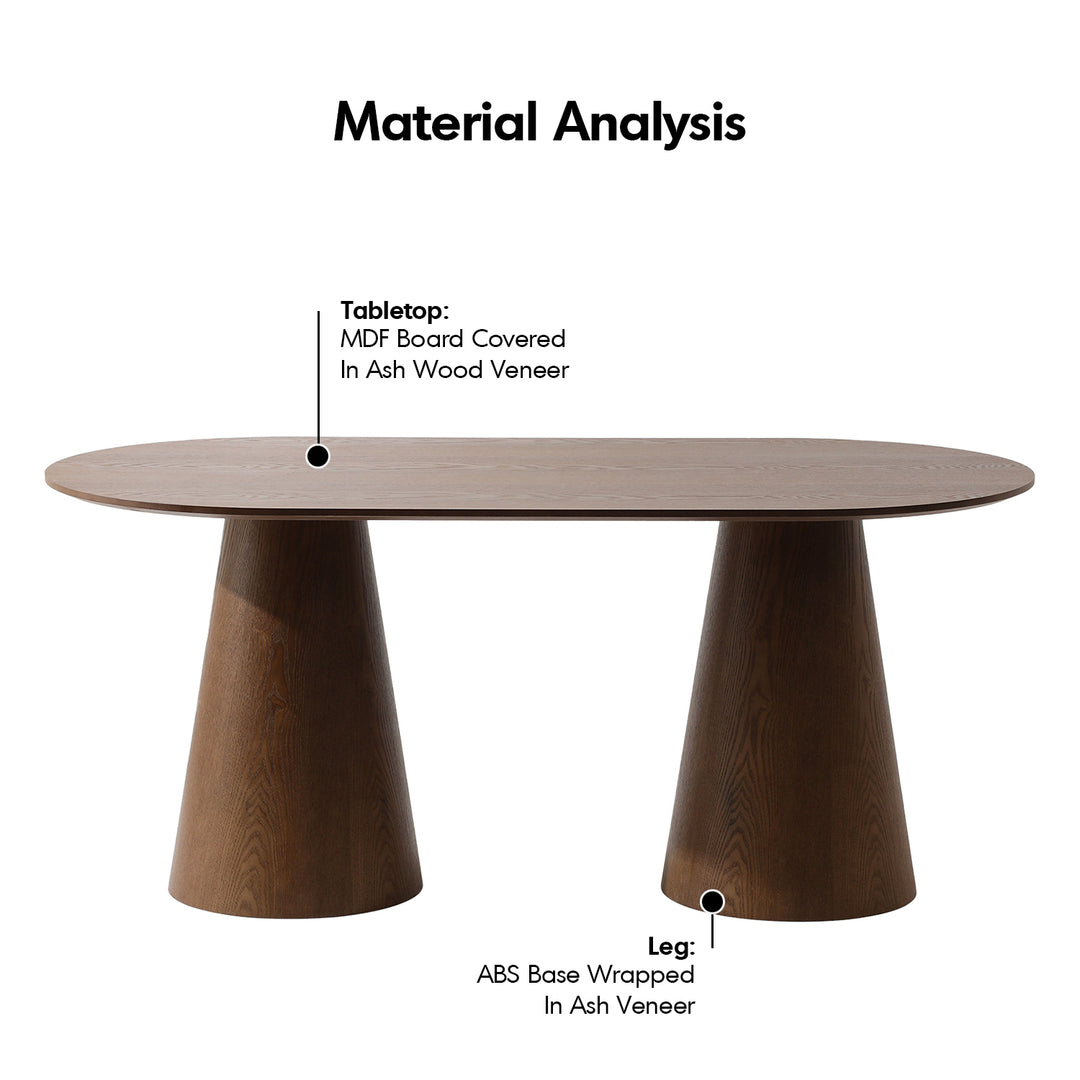 Japandi ash wood veneer oval dining table amalfy in close up details.