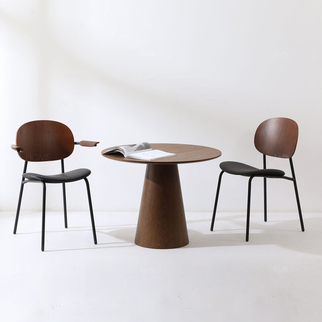 Japandi ash wood veneer round dining table amalfy in real life style.