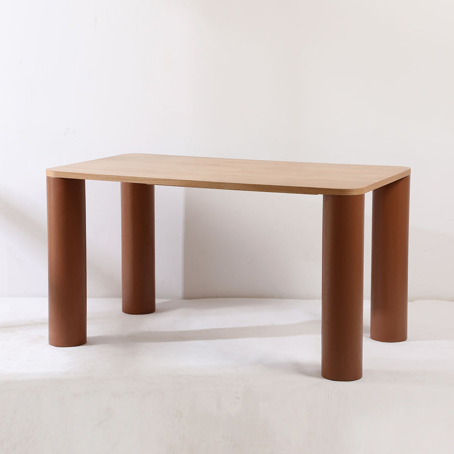 Japandi oak wood veneer dining table pillar primary product view.