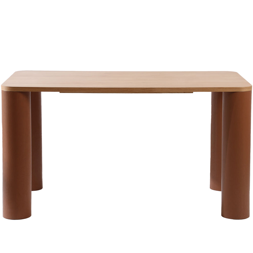 Japandi oak wood veneer dining table pillar in white background.