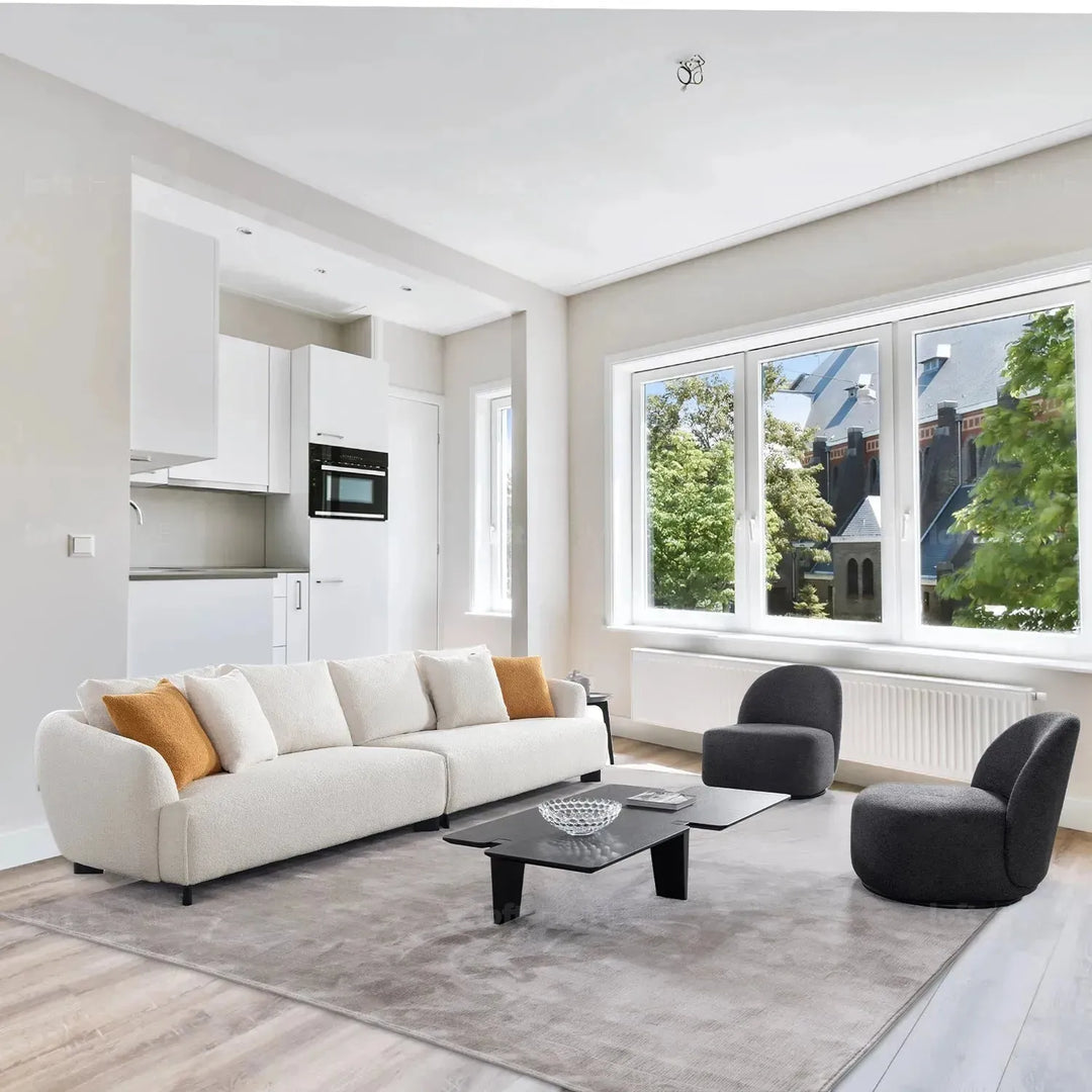 Cream mixed weave fabric revolving 1 seater sofa apse in details.