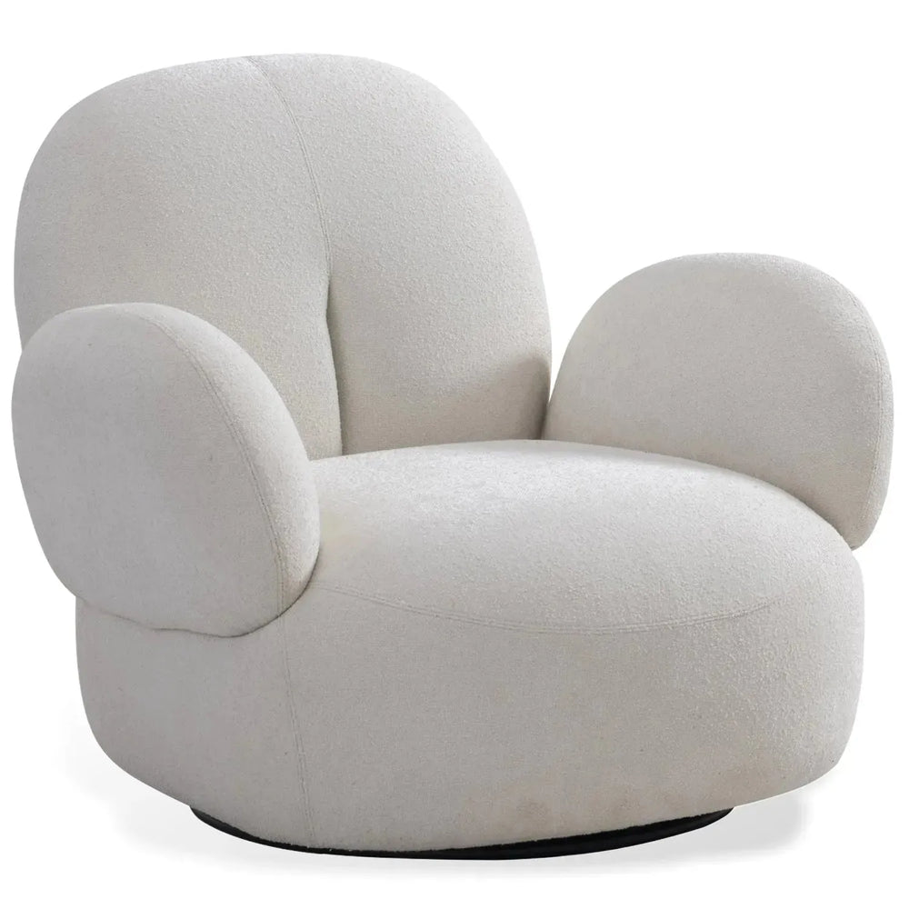 Cream boucle fabric revolving 1 seater sofa boucle in white background.