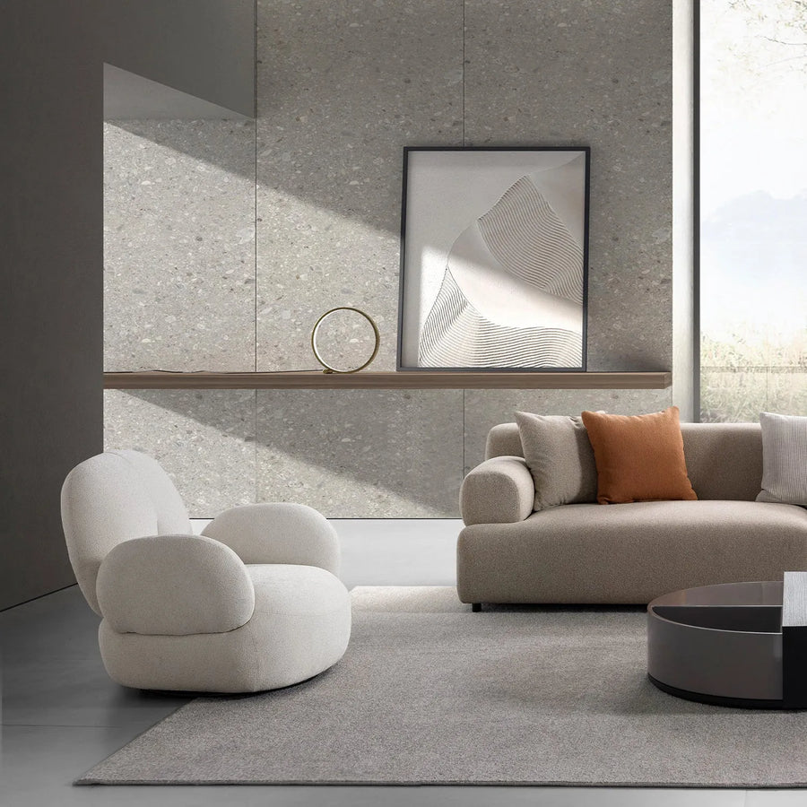 Cream boucle fabric revolving 1 seater sofa boucle primary product view.