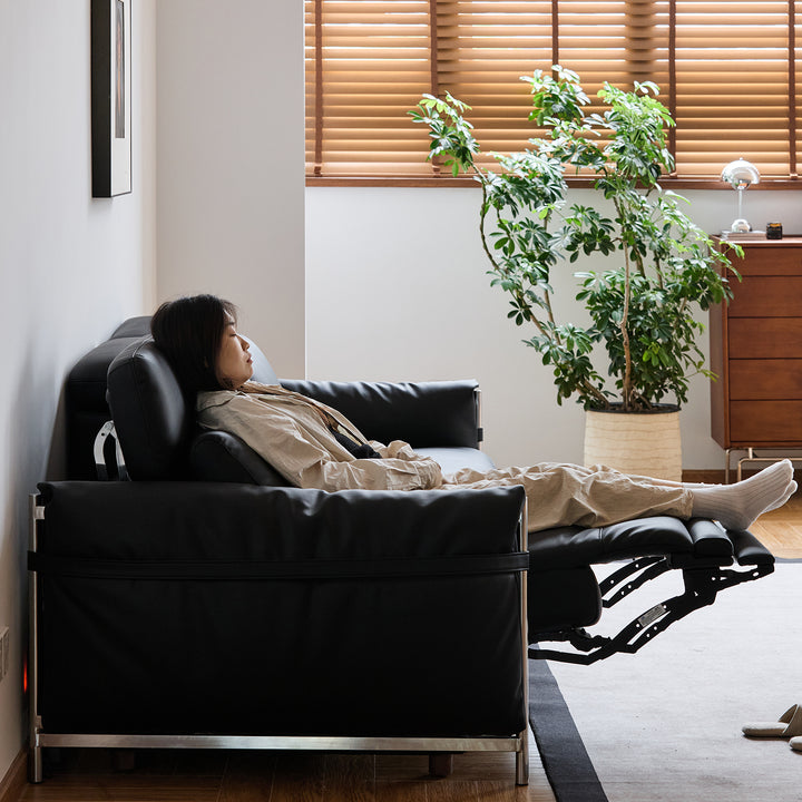 Minimalist Microfiber Leather electric recliner 3 seater sofa calmera in details.