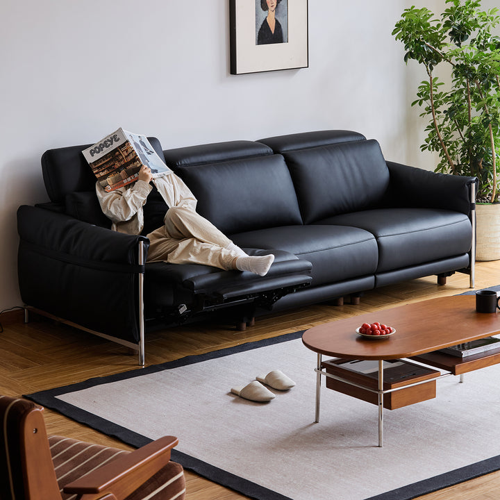 Minimalist Microfiber Leather electric recliner 3 seater sofa calmera in panoramic view.