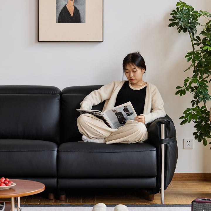 Minimalist Microfiber Leather electric recliner 2 seater sofa calmera in close up details.