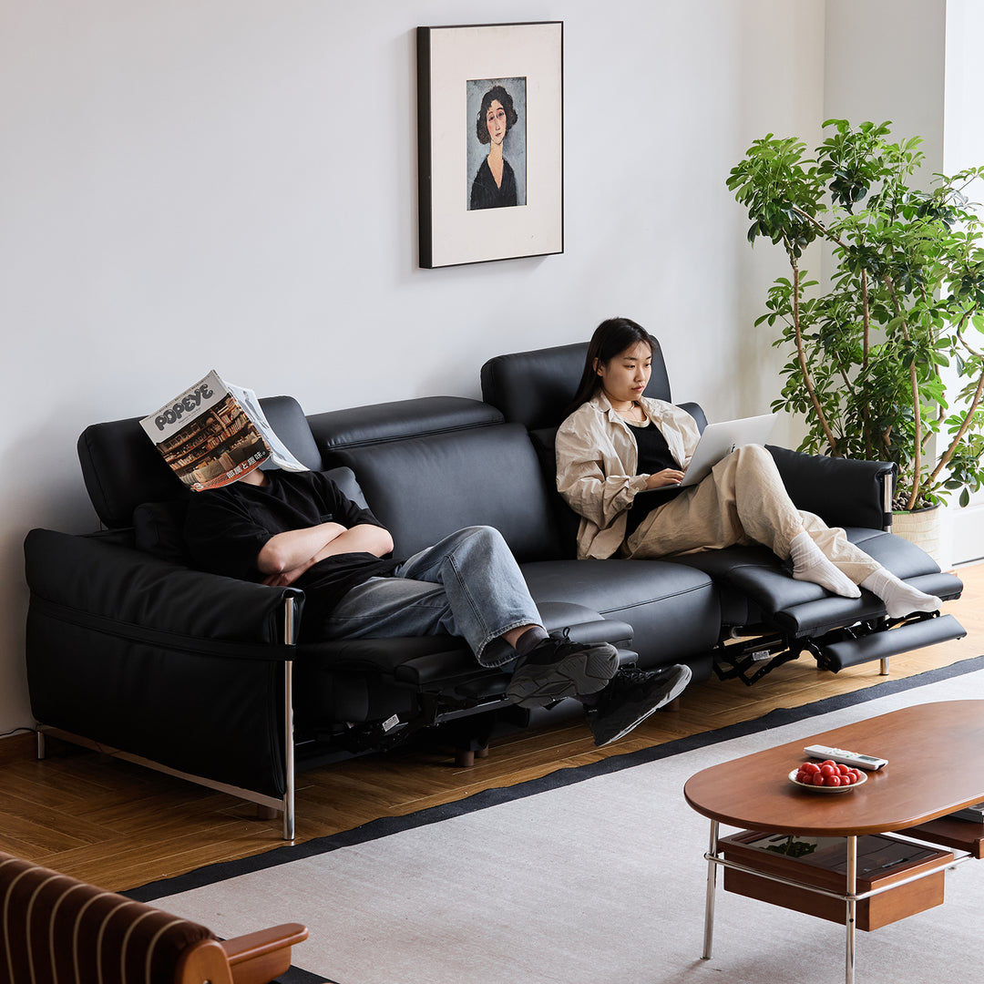 Minimalist Microfiber Leather electric recliner 3 seater sofa calmera in still life.