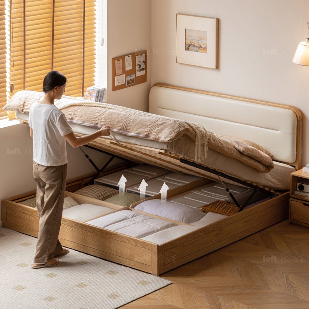 Minimalist oak wood microfiber leather storage bed luna in panoramic view.