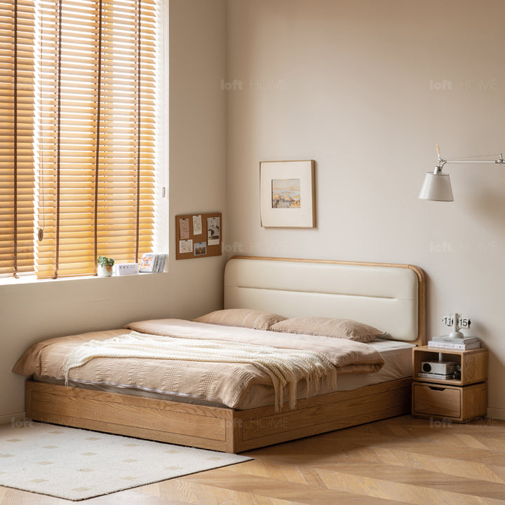 Minimalist oak wood microfiber leather storage bed luna in still life.